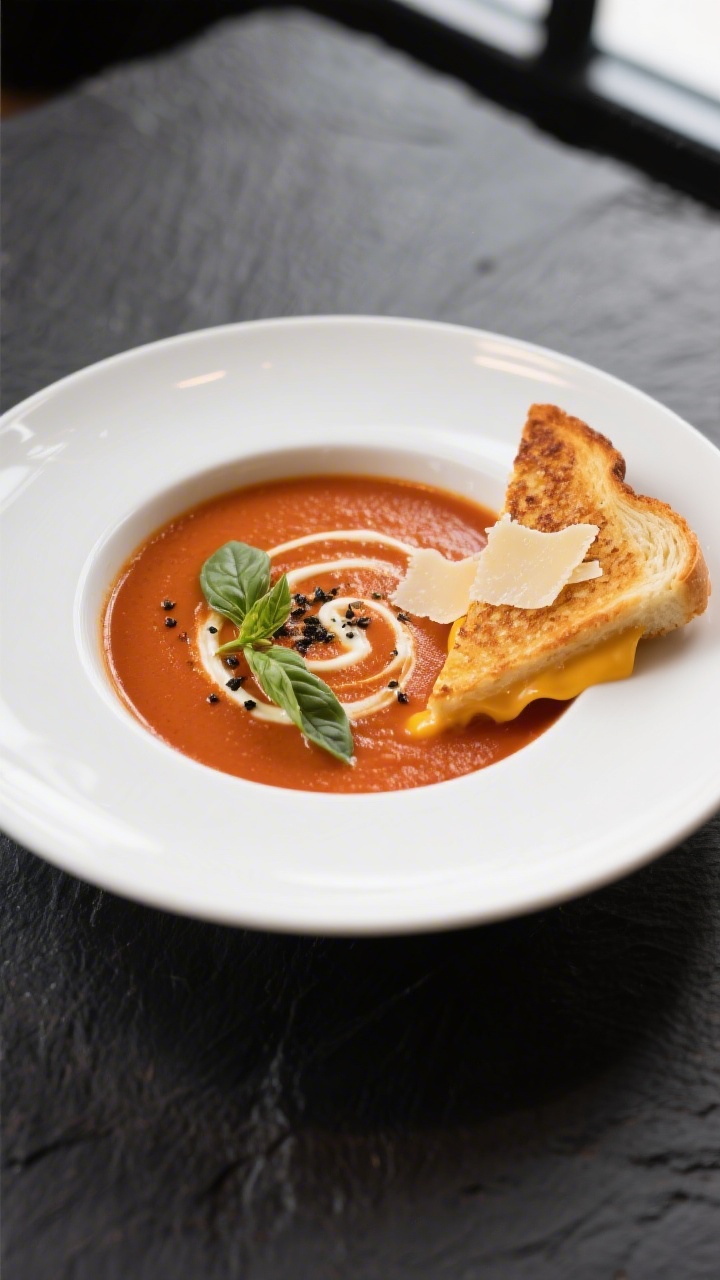Final plated dish, : A deep white bowl of tomato soup with a glossy finish, finished with basil ribb