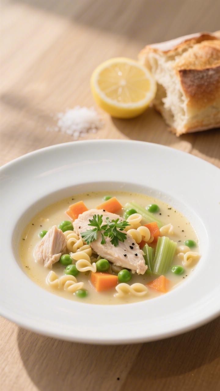 Final plated dish: Beautifully presented bowl of creamy chicken soup on a matte white rimmed bowl se