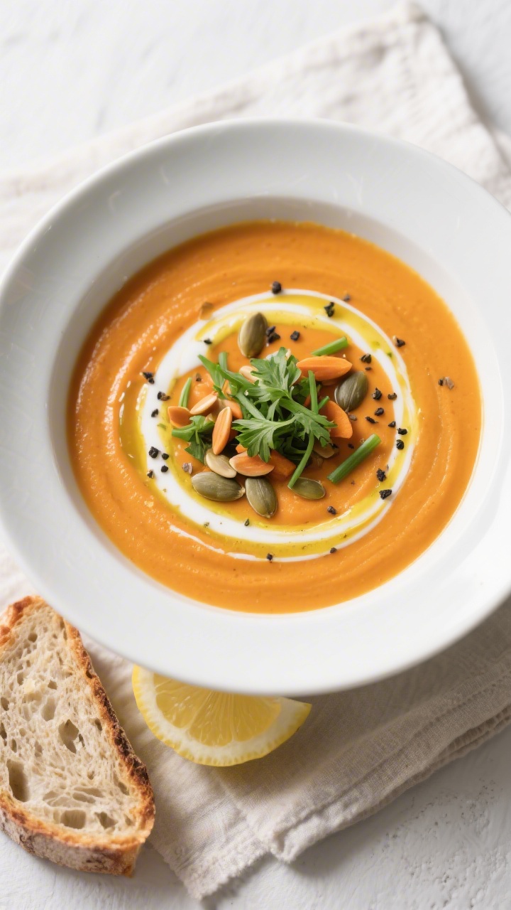 Final plated — overhead hero bowl: Overhead shot of a beautifully plated bowl of carrot soup, vibr