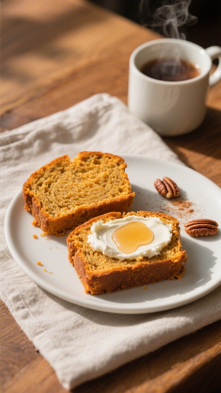 Final plated presentation: Restaurant-quality setting with two slices of fully cooled pumpkin bread