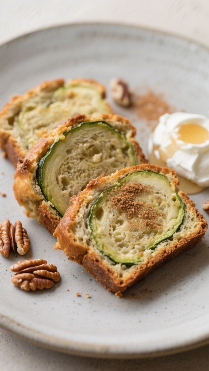 Final plated presentation: thick slices of zucchini bread arranged on a matte ceramic plate, served