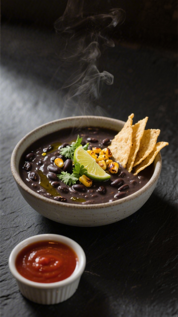 Final plated, restaurant-quality presentation: A beautifully plated bowl of black bean soup with lux