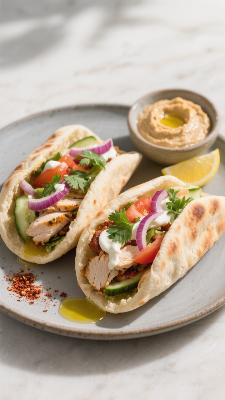 Final plated scene: stuffed pita halves filled with classic shawarma-style fixings—sliced chicken,
