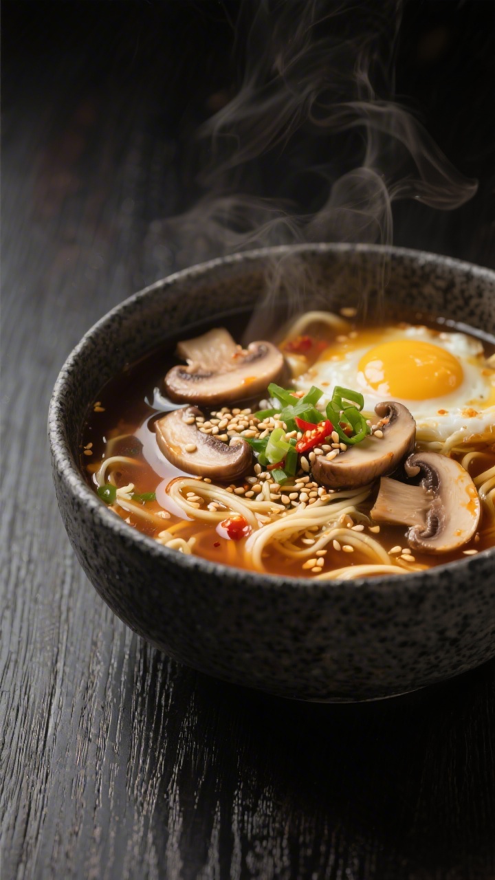 Final plated variation — Restaurant-style bowl of mushroom umami egg drop soup: tender shiitake sl