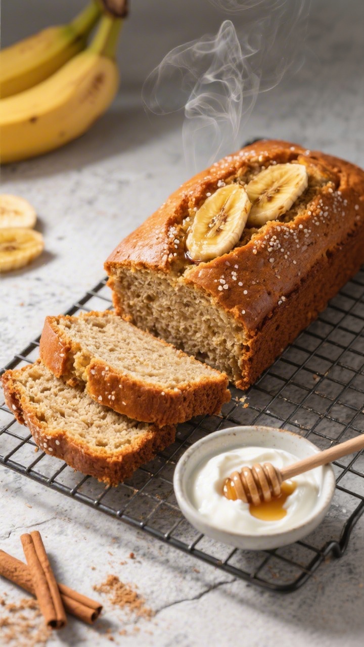Final presentation: Beautifully baked healthy banana bread loaf on a cooling rack, golden-brown, gen