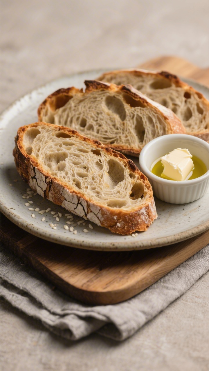 Final presentation beauty: Rustic sourdough slices arranged on a stoneware plate with a small rameki