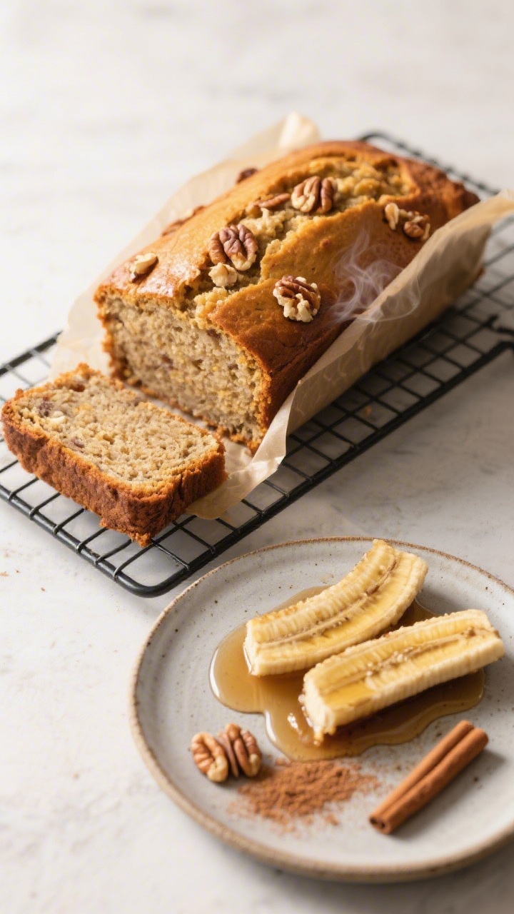 Final presentation: Restaurant-quality hero shot of the fully baked vegan banana bread loaf in its p