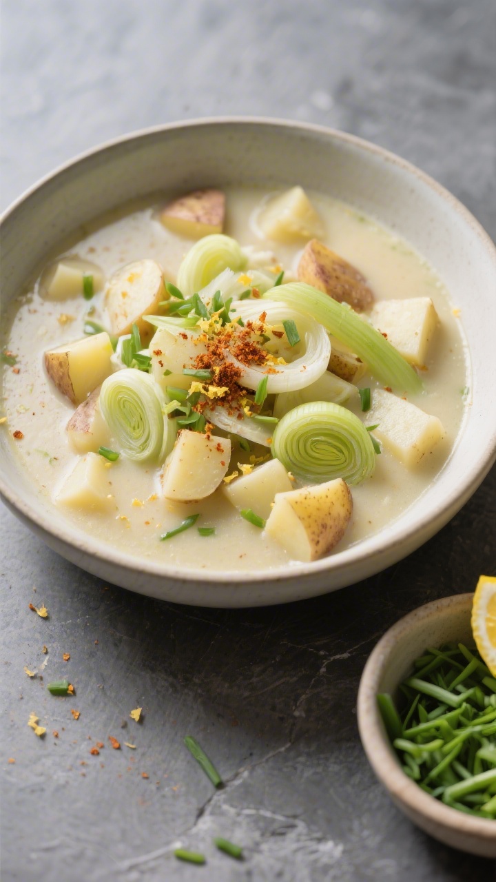 Overhead “chunky style” variation: Top-down shot of rustic potato leek soup with visible potato