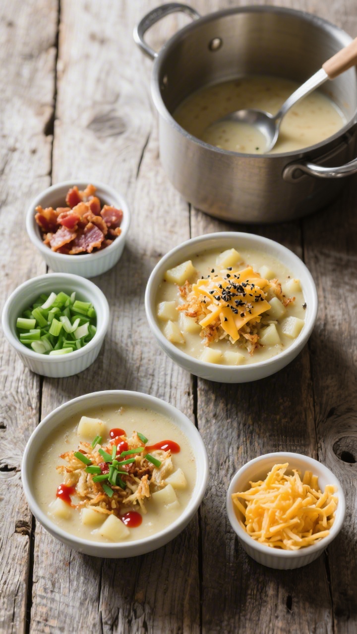 Overhead “loaded” top view: Tasty top-down shot of two bowls of hashbrown potato soup on a rusti
