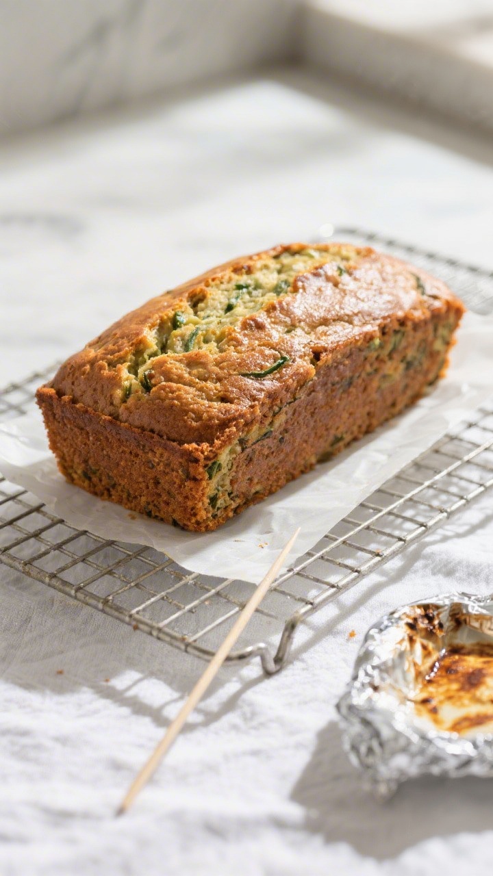 Overhead shot of a full 9x5-inch loaf of zucchini bread cooling on a wire rack with a parchment slin
