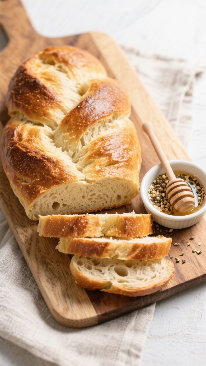 Overhead shot of a fully cooled, beautifully sliced challah arranged on a wooden board, thick slices