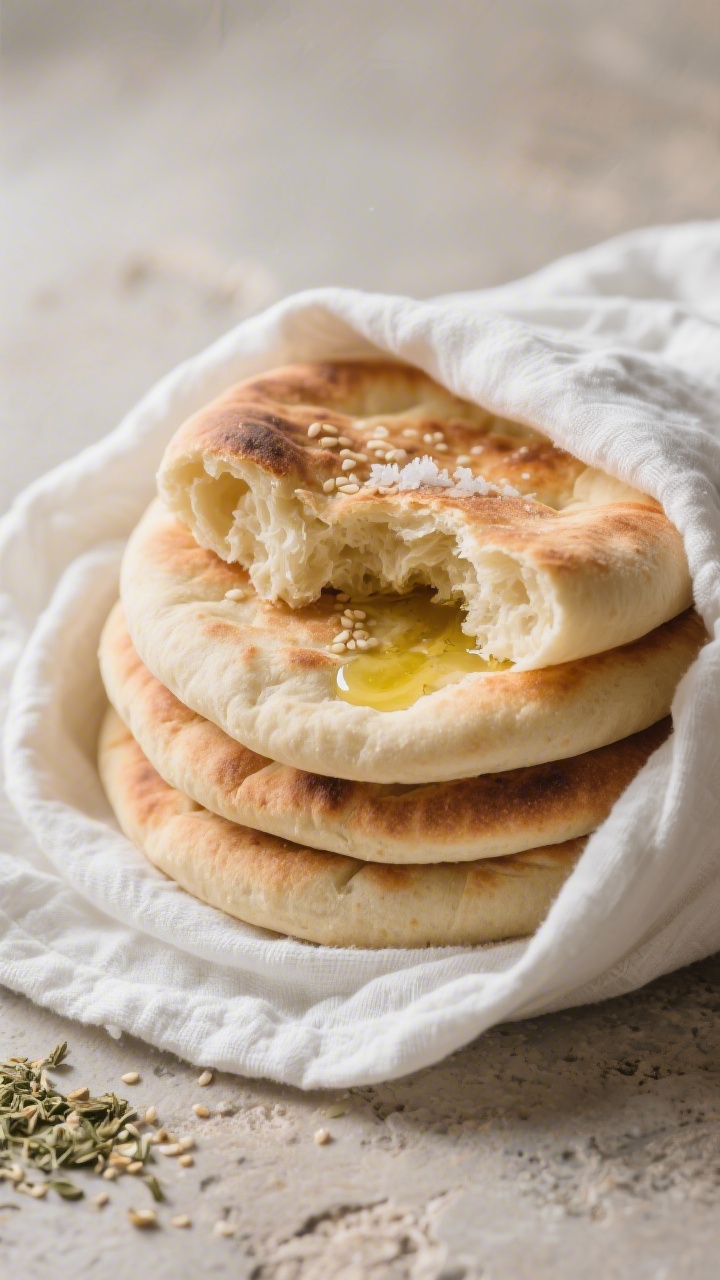 Overhead shot of a warm stack of pitas just out of the oven, wrapped loosely in a clean white kitche