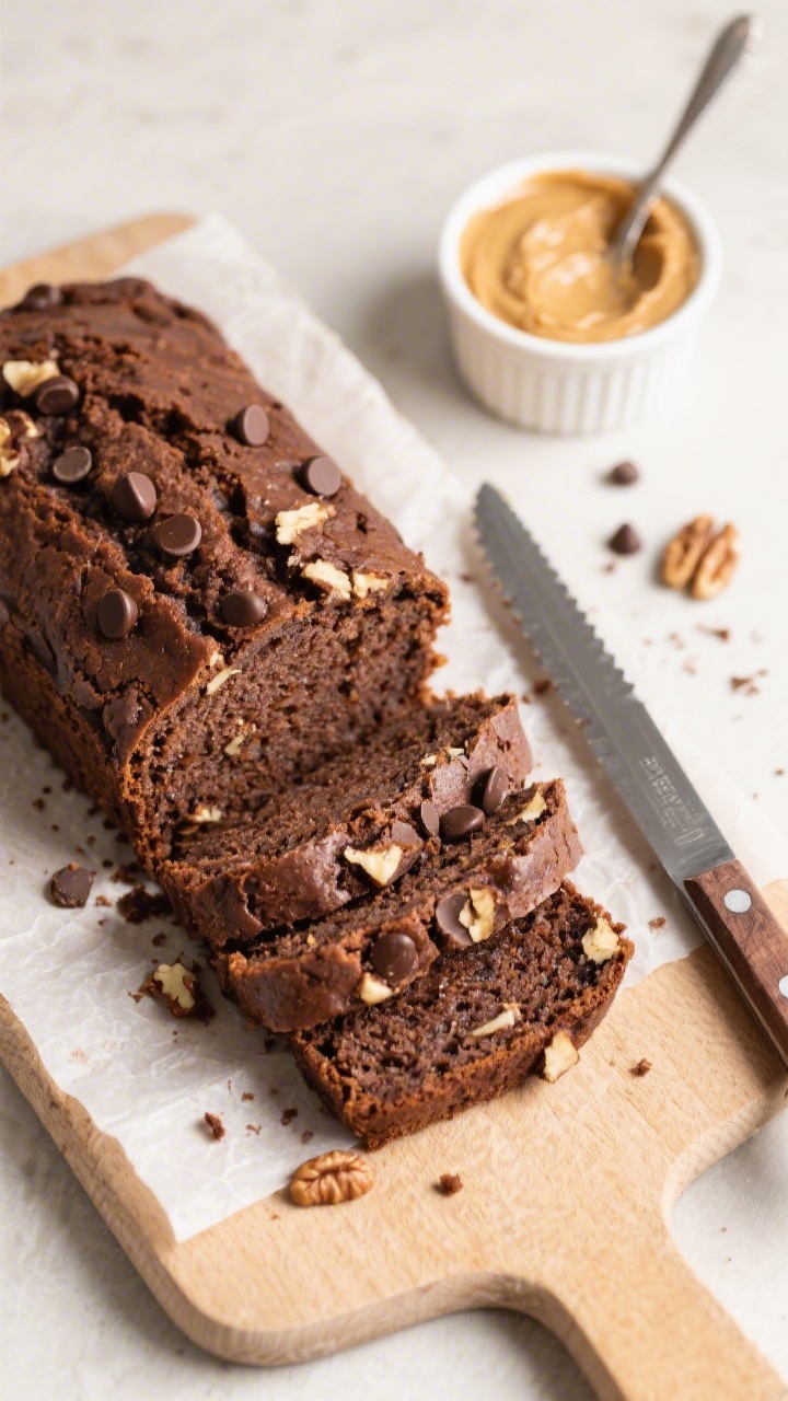 Overhead shot of neatly sliced chocolate banana bread on a parchment-lined cutting board, even slice