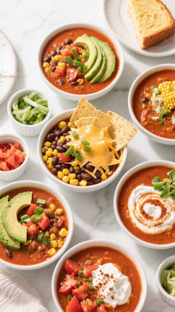 Overhead “taco-night-in-a-bowl” top view: An top-down shot of multiple bowls of taco soup arrang