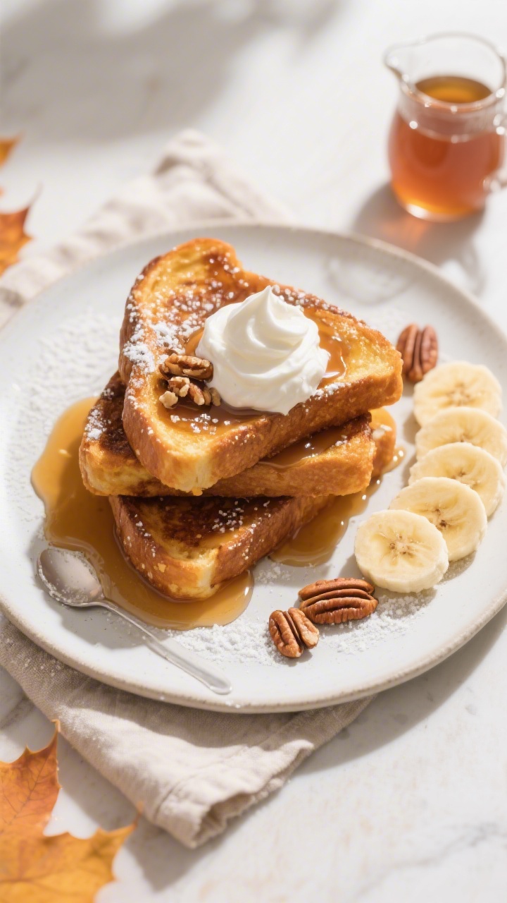 Overhead “tasty top view” of a plated stack of pumpkin French toast: three slices stacked on a m