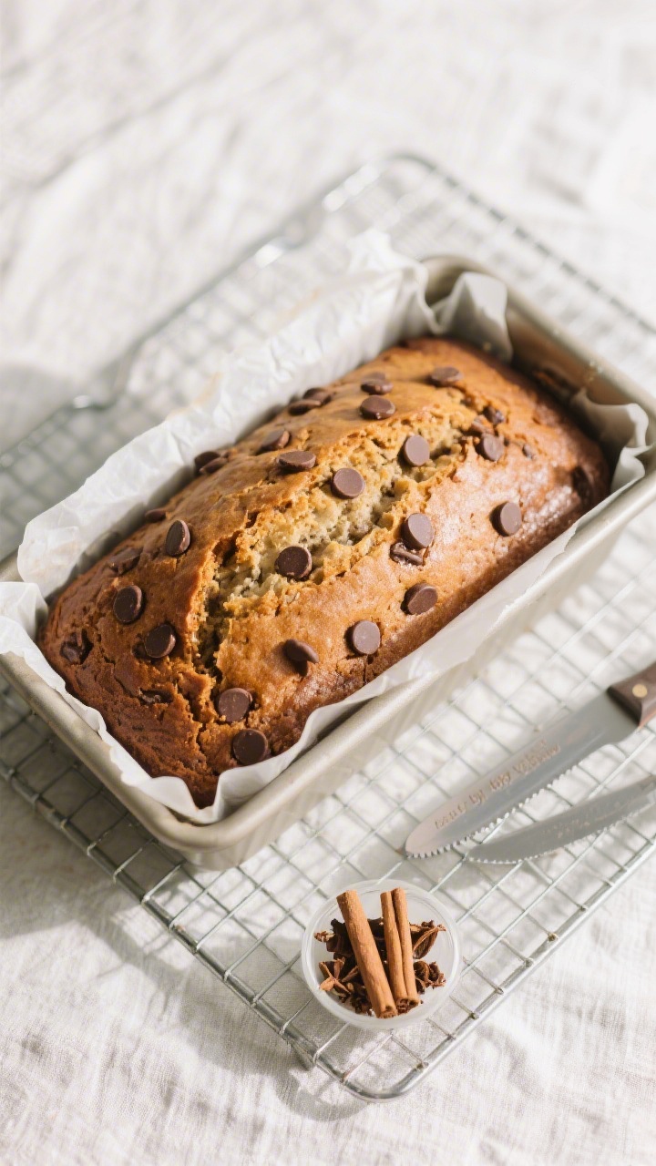 Overhead “tasty top view” of the finished loaf in the pan just out of the oven: 9x5-inch loaf li