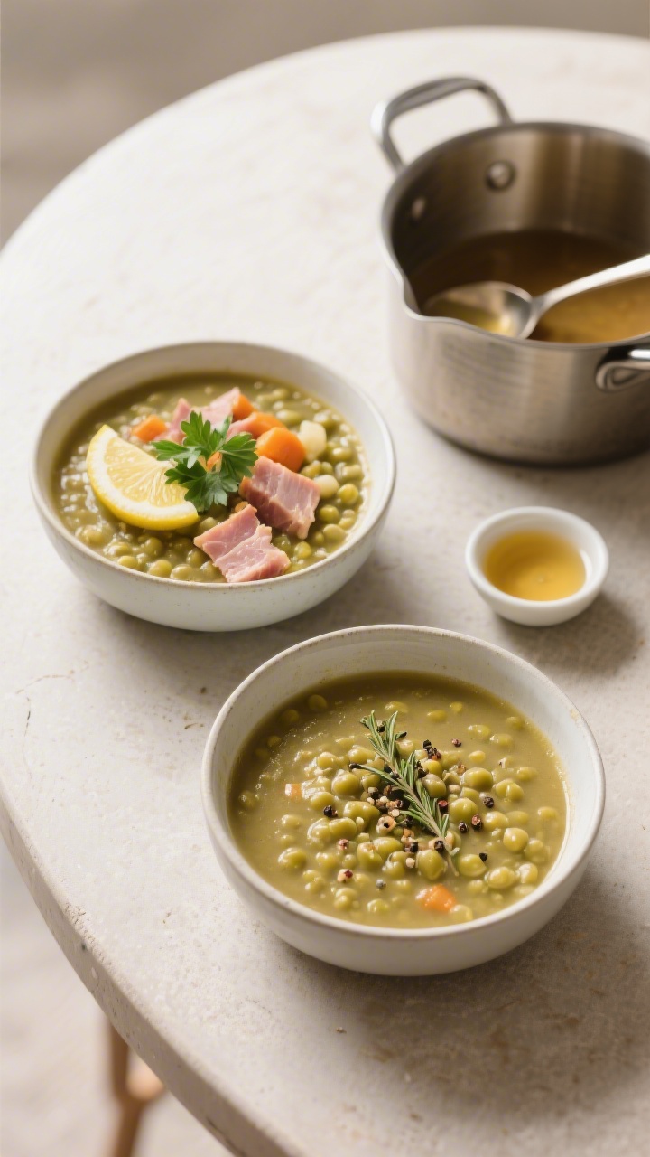 Overhead tasty top view: Top-down shot of a cozy table scene featuring two bowls of split pea and ha