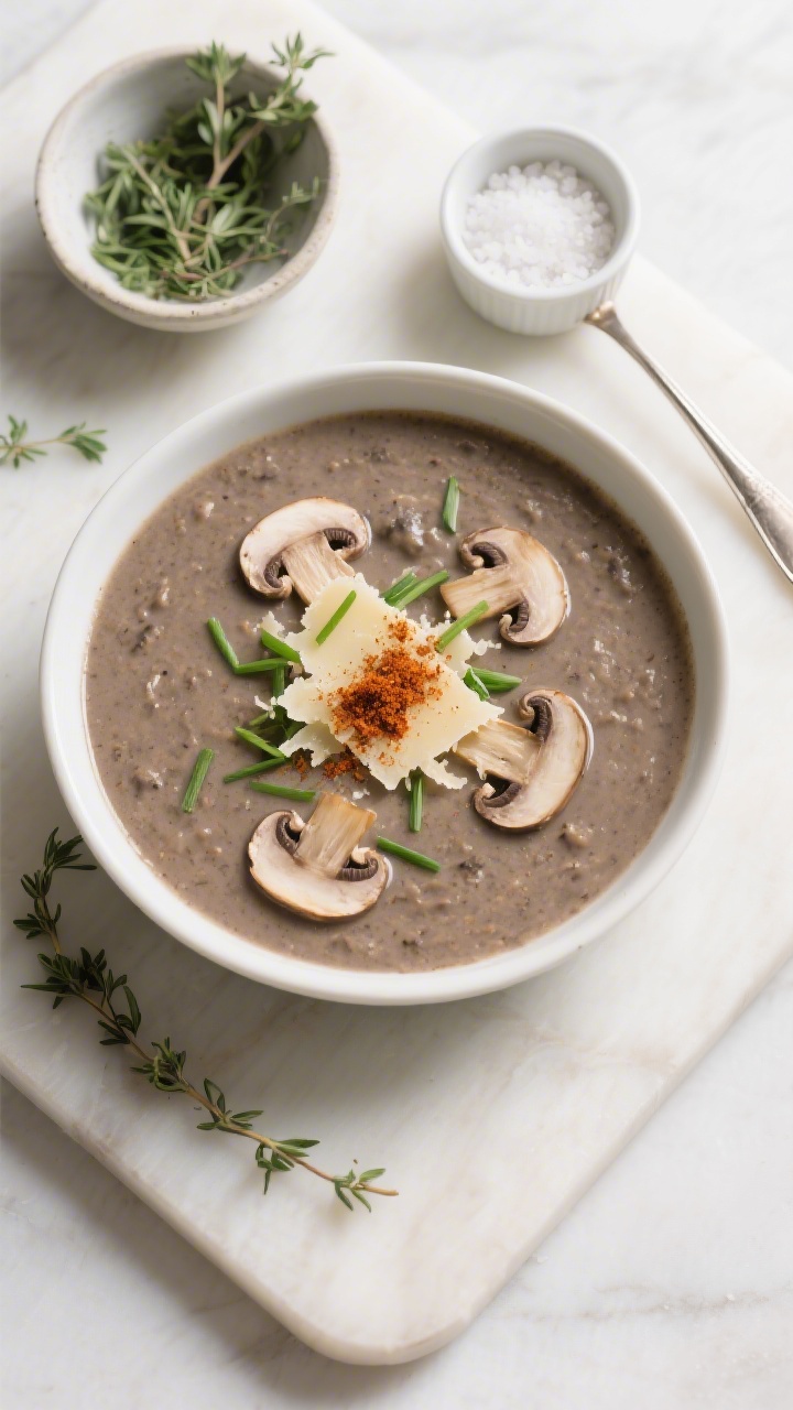 Overhead “tasty top view”: Top-down shot of mushroom soup with a rustic texture (half-blended),