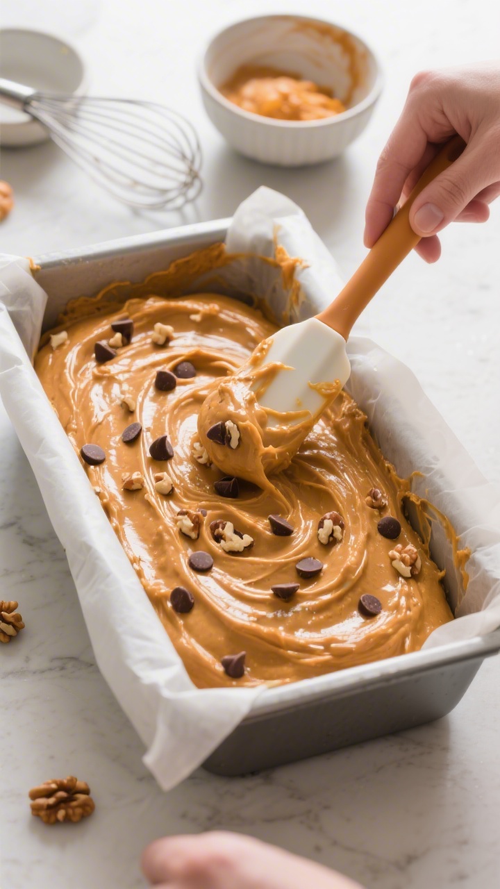 Process action scene without hands: thick pumpkin batter being smoothed into a parchment-lined loaf
