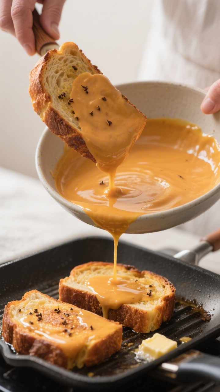 Process-in-action shot of dipping and cooking: custard-coated challah slice being lifted from a wide