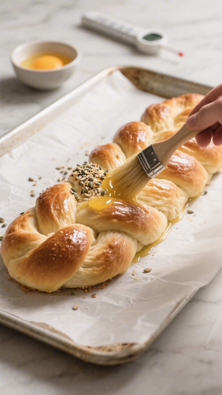 Process shot: braided challah after the second rise on a parchment-lined baking sheet, being brushed