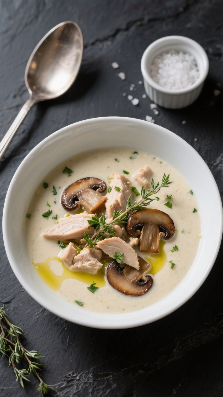 Tasty overhead variation shot: Top-down image of a hearty mushroom-and-sherry twist of the cream of