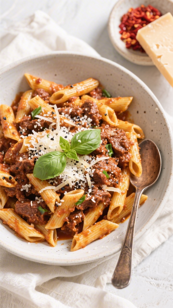Tasty top view final dish: Overhead shot of a generous bowl of penne with beef ragu, finished with a
