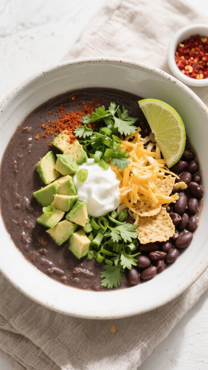 Tasty top view, overhead: Overhead shot of a half-blended black bean soup in a wide, white ceramic b