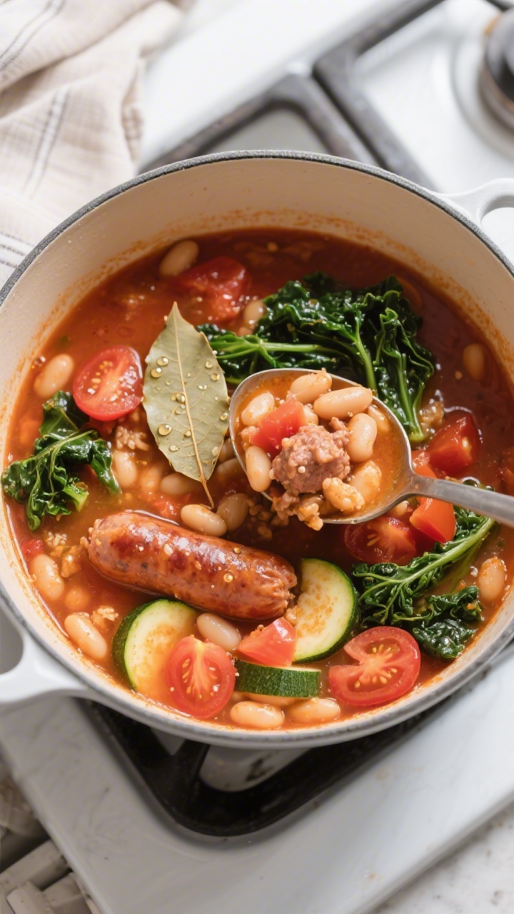 Tasty top view, overhead: Overhead shot of hearty sausage soup at a gentle simmer—tomato-rich brot