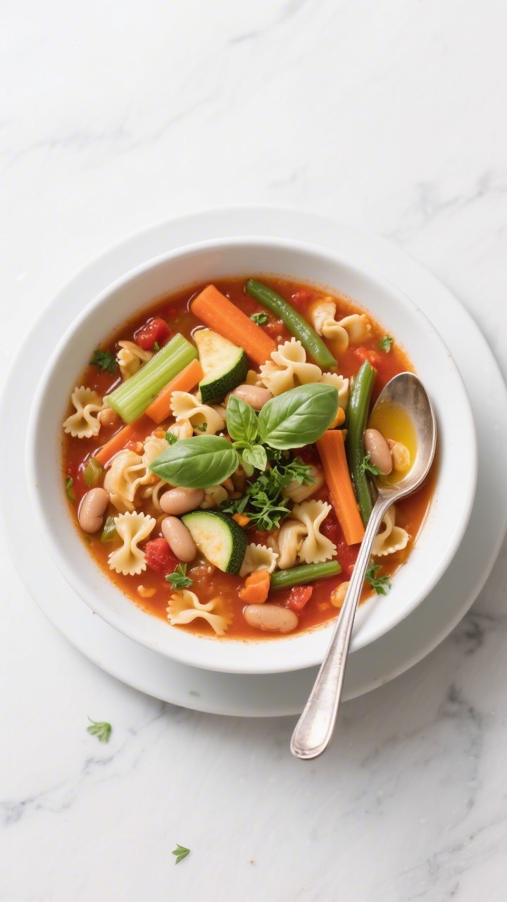 Tasty top view, overhead: Overhead shot of minestrone-style variation of the soup, showcasing small
