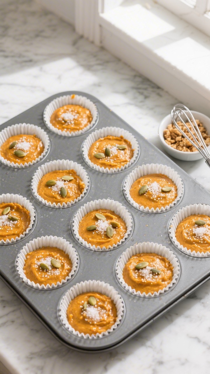 Tasty top view: Overhead shot of a 12-cup muffin tin filled with evenly portioned batter, each cup a