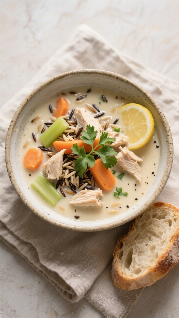 Tasty top view: Overhead shot of a bowl of creamy chicken and wild rice soup finished and ready to s