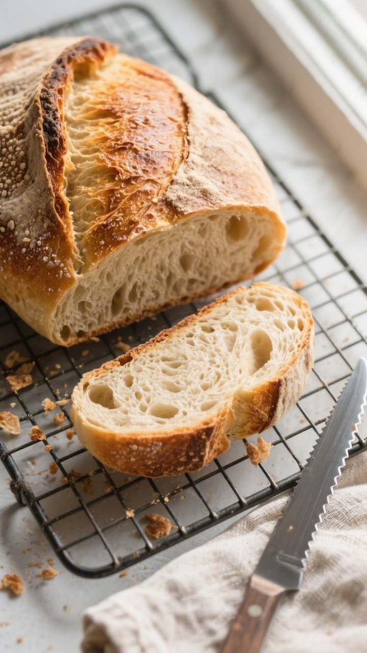 Tasty top view: Overhead shot of a fully baked sourdough loaf on a cooling rack, deep golden crust w