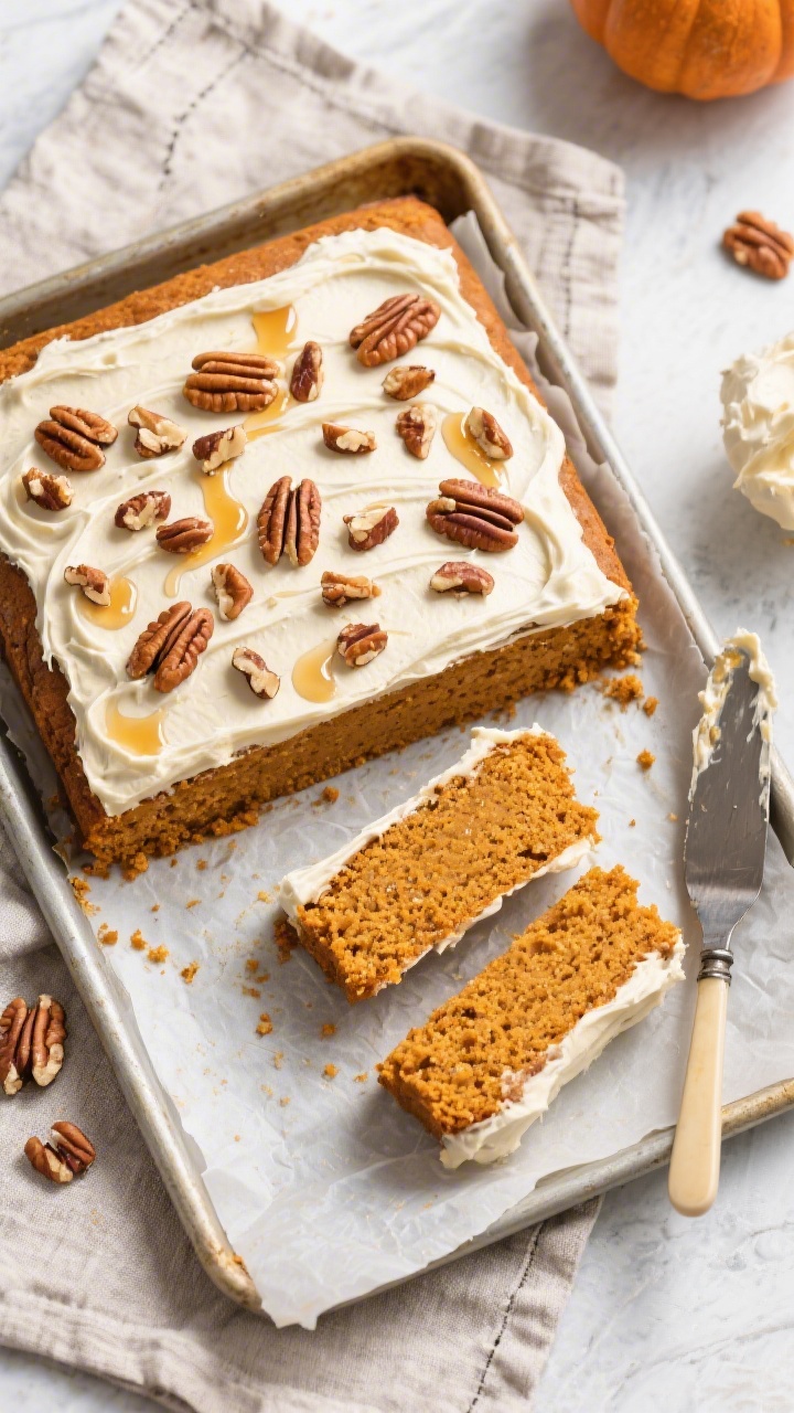 Tasty top view: Overhead shot of a fully cooled and frosted pumpkin spice sheet cake on a parchment-