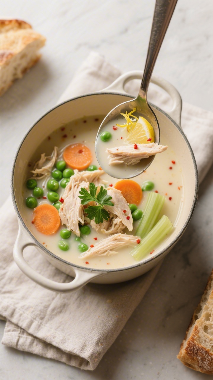 Tasty top view: Overhead shot of a ladle hovering over the pot, filled with finished creamy chicken