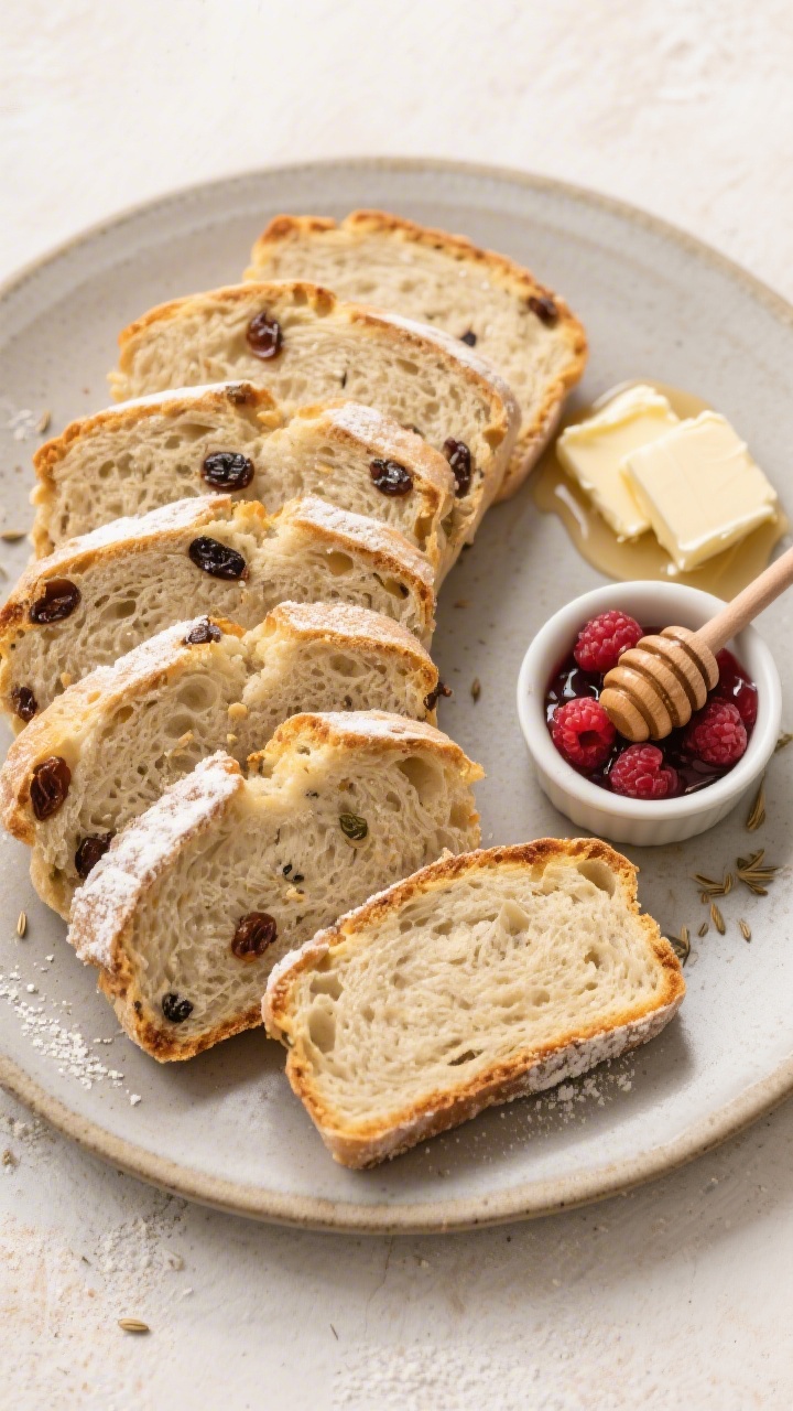 Tasty top view: Overhead shot of a sliced soda bread platter—thick slices arranged in a fan on a m