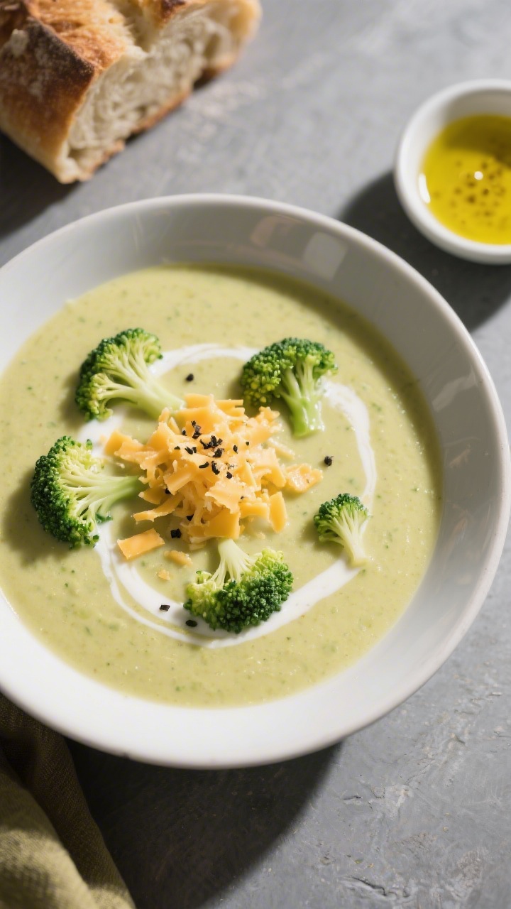 Tasty top view: Overhead shot of cheddar broccoli soup after blending—velvety, pale golden-green b