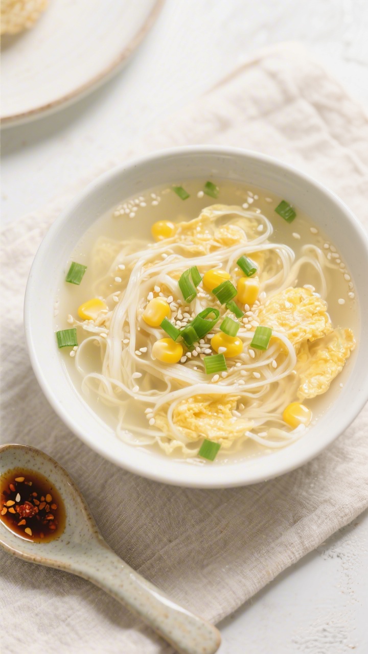 Tasty top view — Overhead shot of classic egg drop soup in a matte white bowl: fine, feathery egg