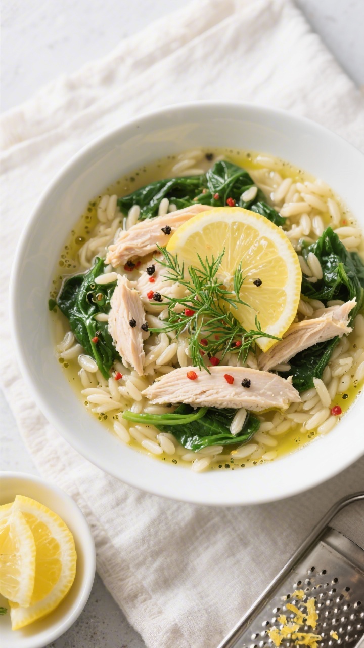 Tasty top view — Overhead shot of finished lemon chicken orzo soup in a matte white bowl: al dente