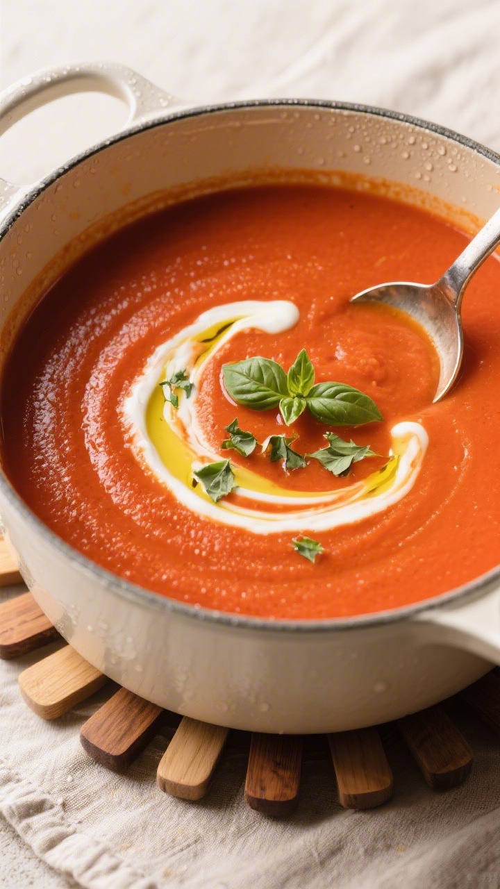 Tasty top view: Overhead shot of freshly blended tomato soup in the pot, ultra-smooth and velvety wi