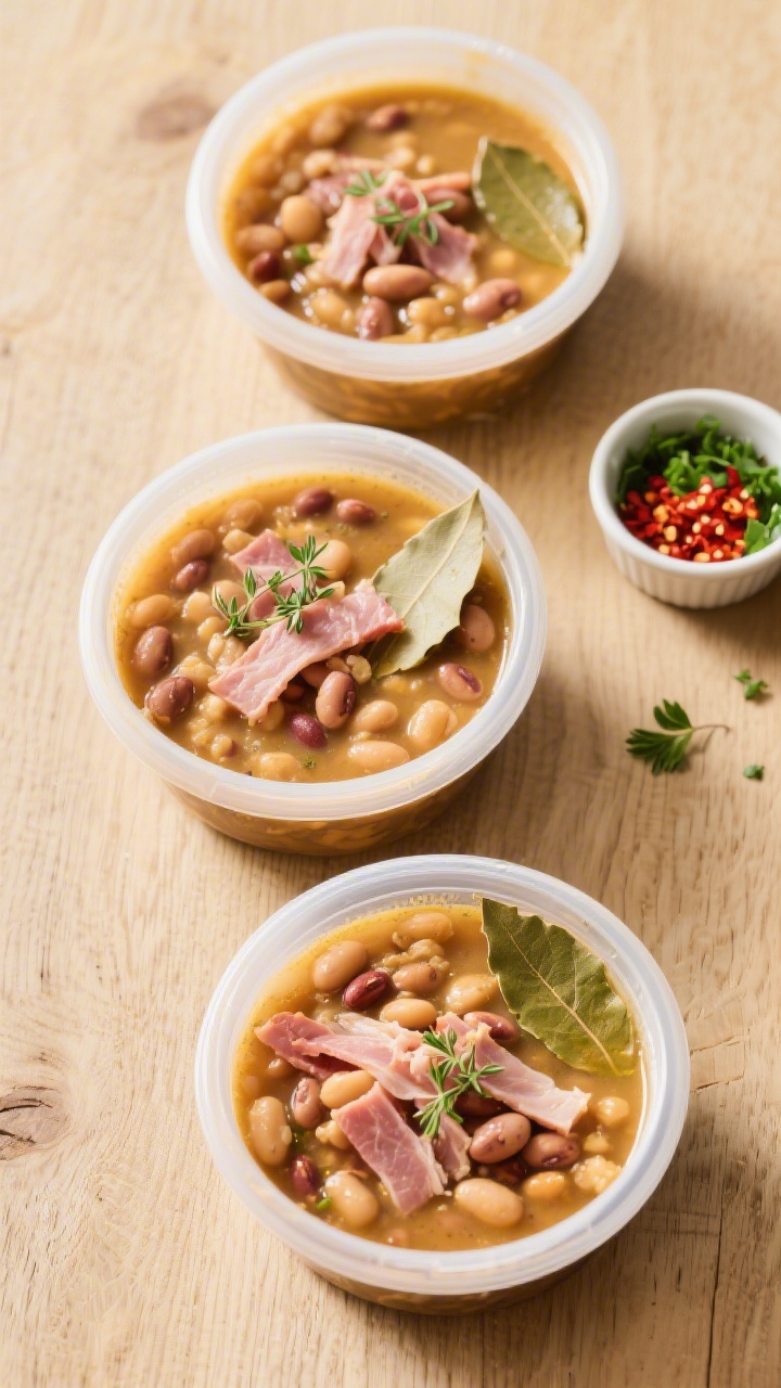 Tasty top view: Overhead shot of ham and bean soup ready for meal prep—three airtight containers f