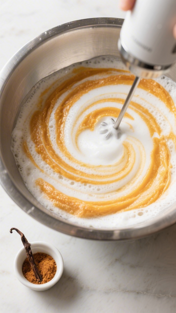 Tasty top view (process moment): Overhead shot of a chilled metal bowl with the pumpkin cold foam mi