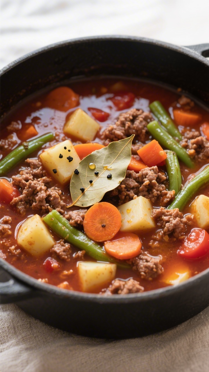 Tasty top view – Simmering soup with vegetables at peak tenderness: Overhead shot of the bubbling