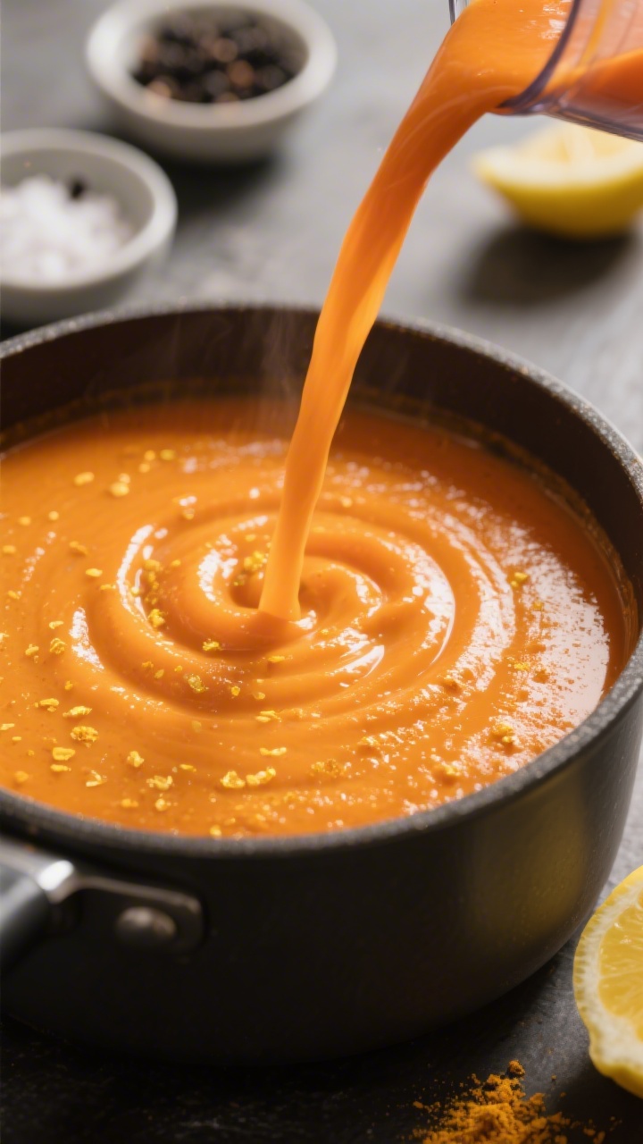 Ultra-smooth blend — creamy texture reveal: Close-up detail of velvety carrot soup being poured fr