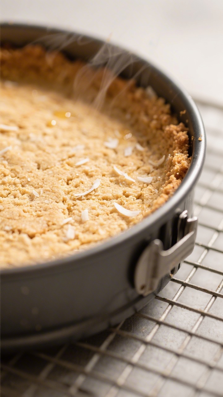 Close-up detail: A just-baked coconut-graham cracker crust in a 9-inch springform pan, lightly golde