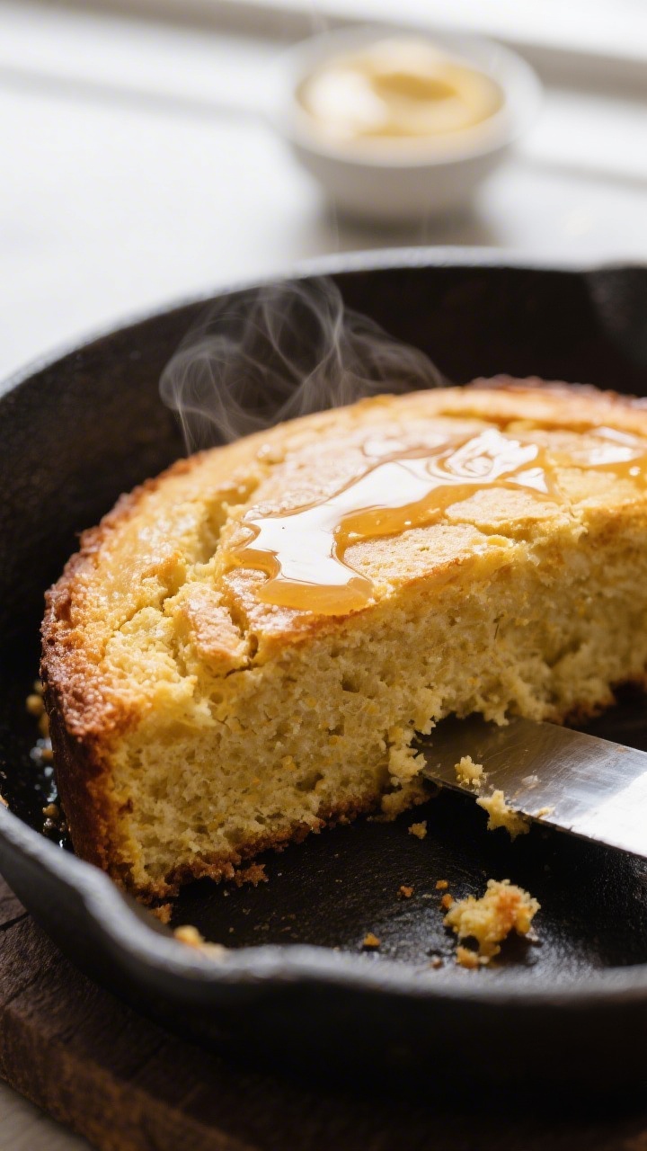 Close-up detail: A just-baked honey butter cornbread wedge in a preheated cast-iron skillet, golden