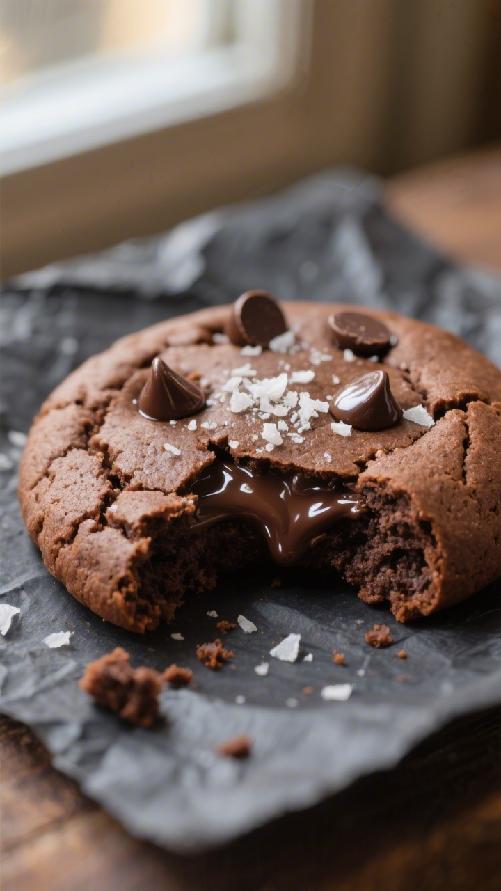 Close-up detail: A just-baked keto flourless fudge cookie cracked on top with glossy, fudgy center p