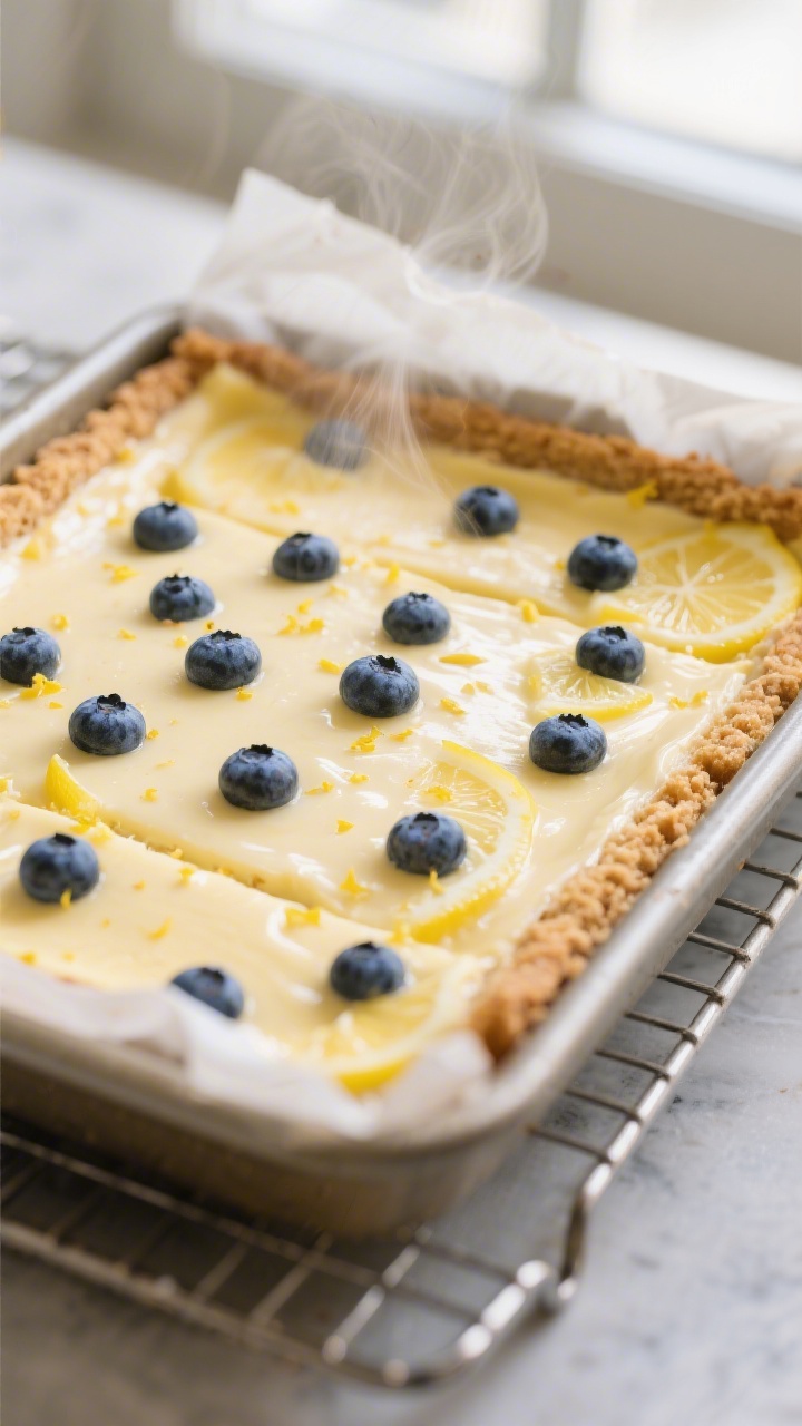 Close-up detail: A just-baked pan of lemon blueberry cheesecake bars cooling on a wire rack, surface
