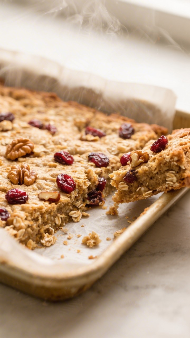 Close-up detail: A just-baked slab of oatmeal cranberry breakfast bars still in the parchment-lined