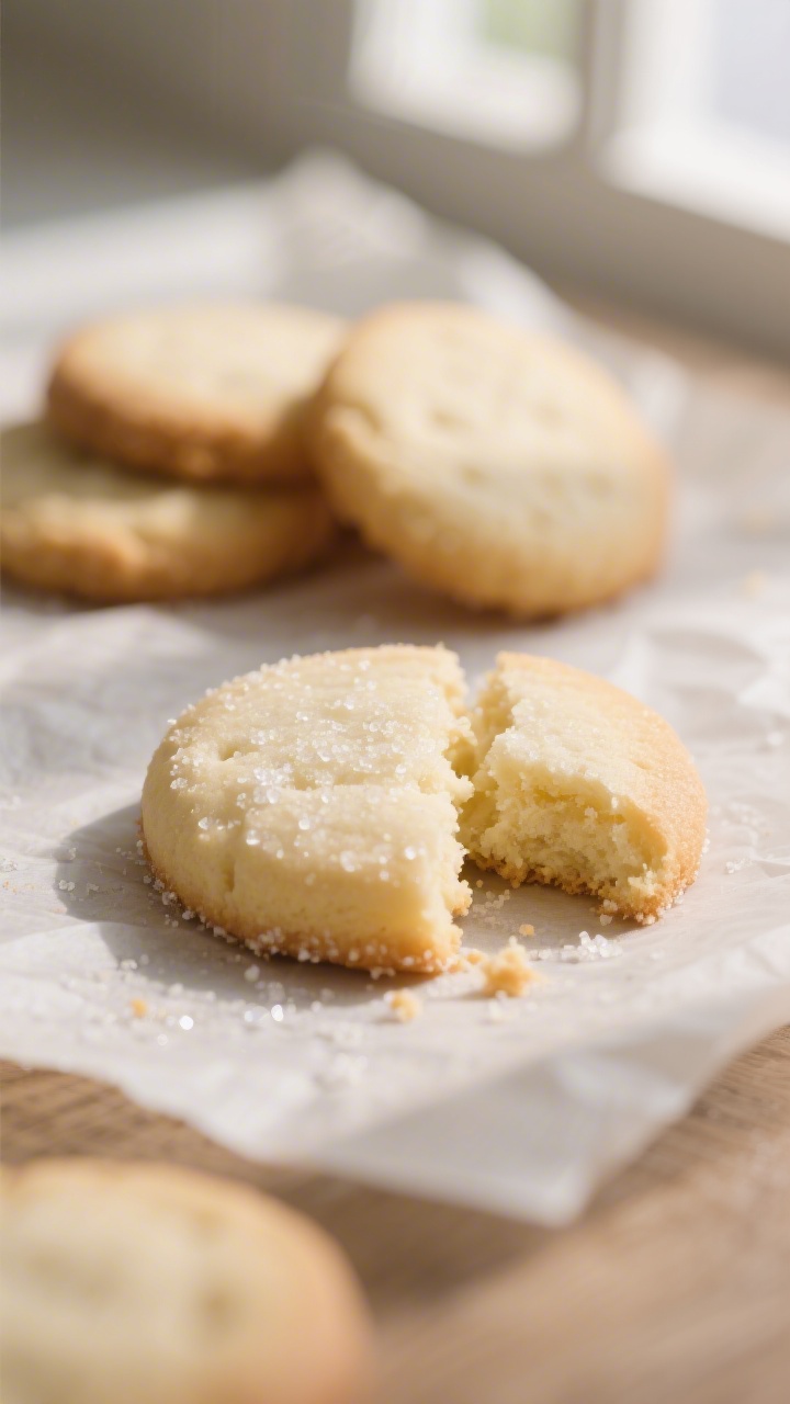 Close-up detail: A just-baked soft sugar cookie broken in half to reveal a tender, melt-in-your-mout
